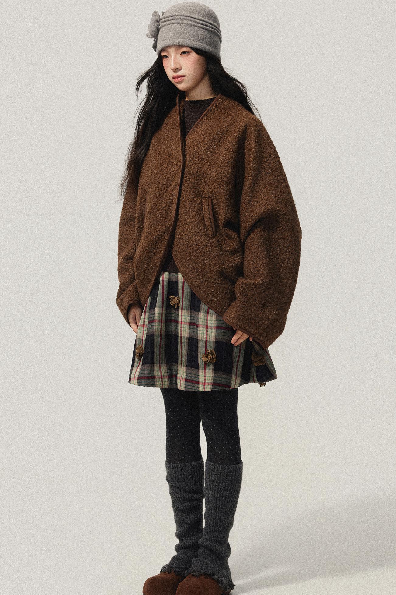 Brown Collarless Lambswool Jacket
