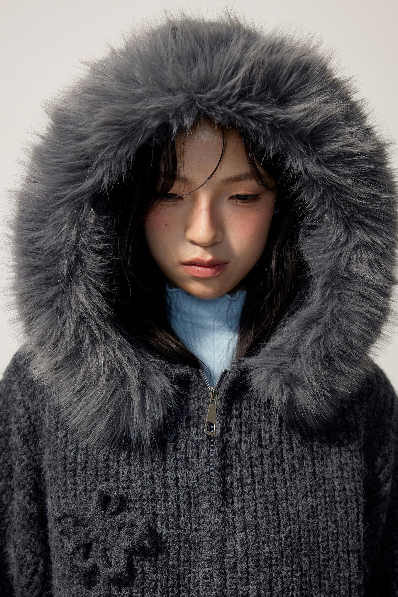 Grey Hooded Floral Zip Up Sweater