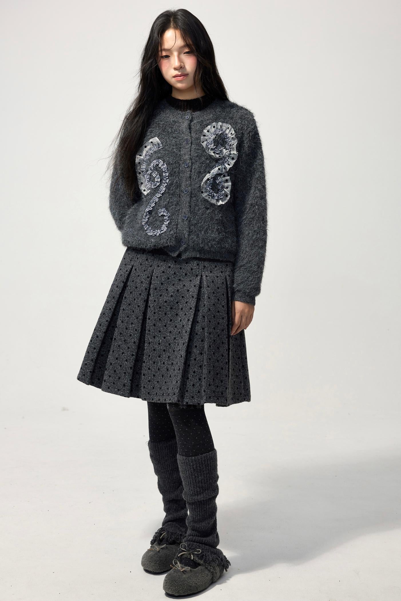 Gray Polka Dot Wool Pleated Skirt