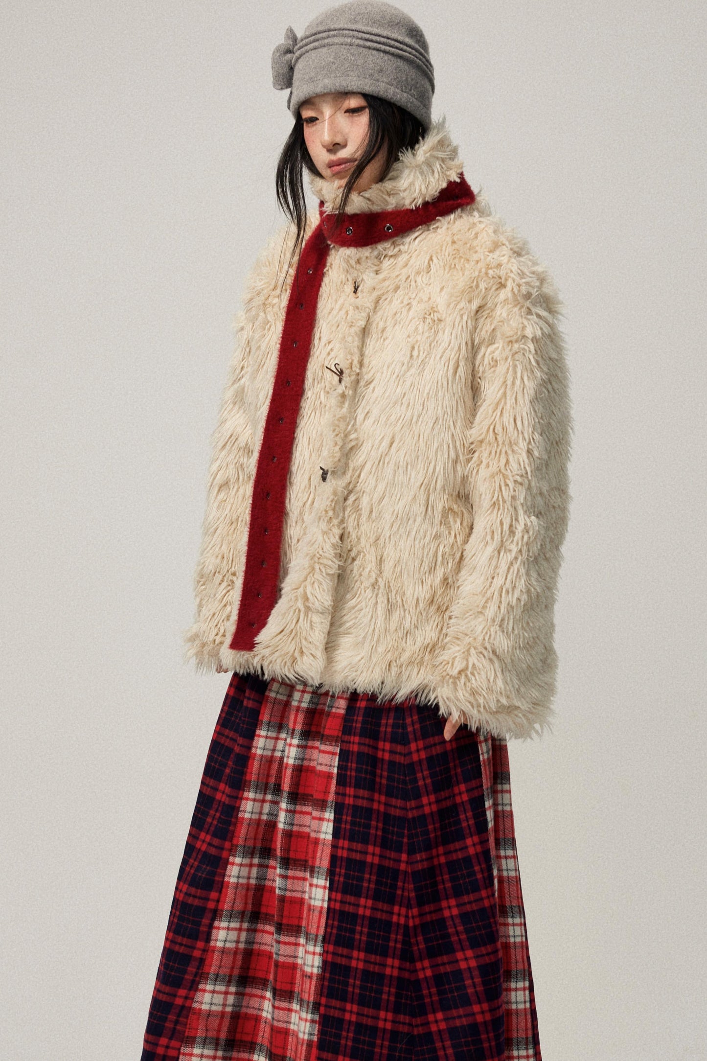 Khaki Wool Fur Collar Slim Coat