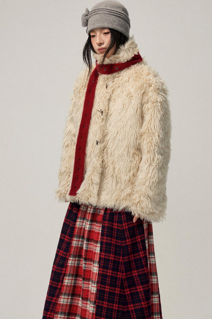 Khaki Wool Fur Collar Slim Coat