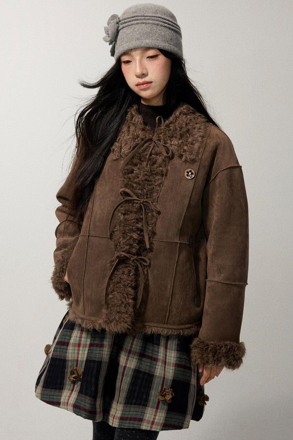 Brown Bow Detail Flower Brooch Coat