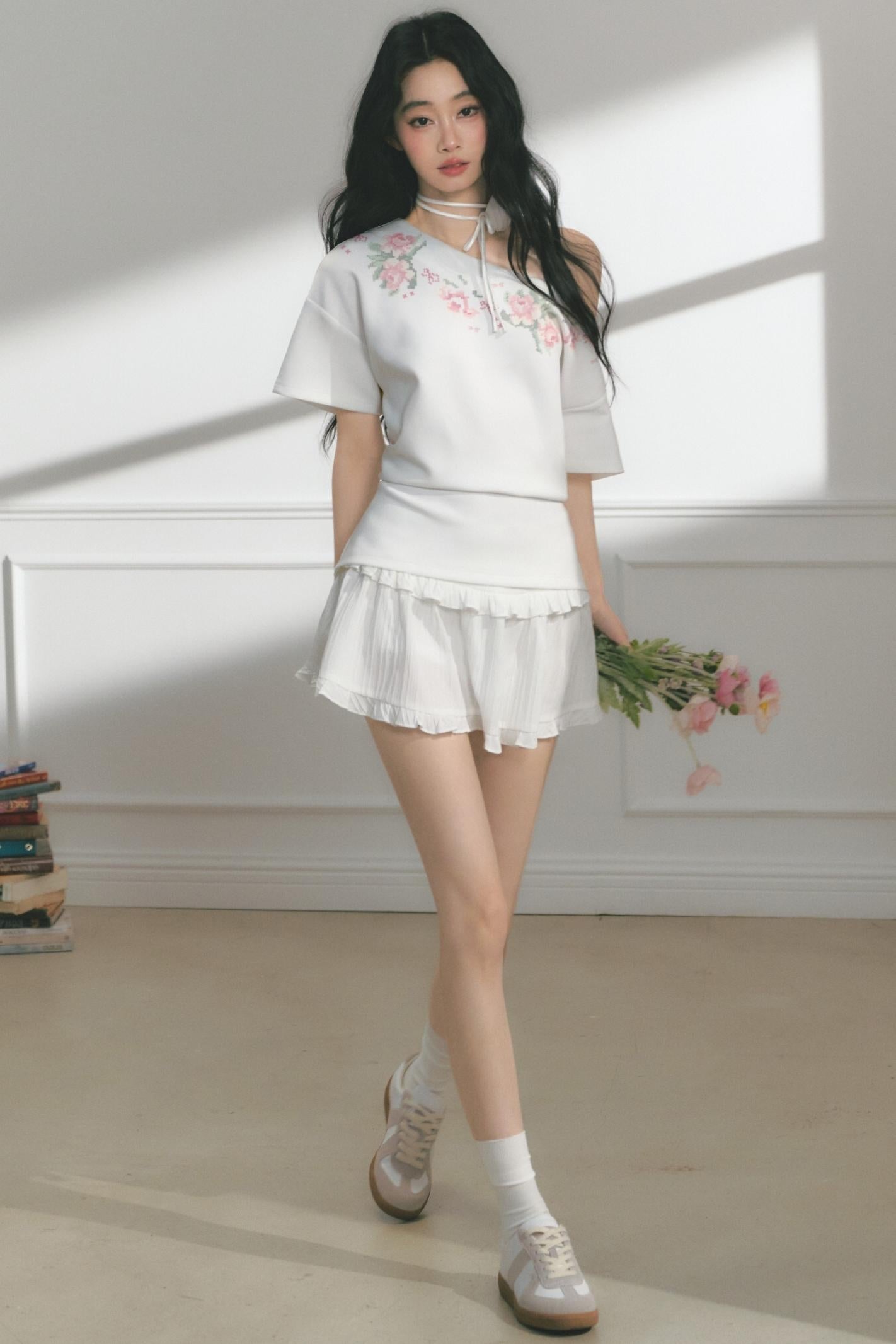 Floral Embroidered Button Top