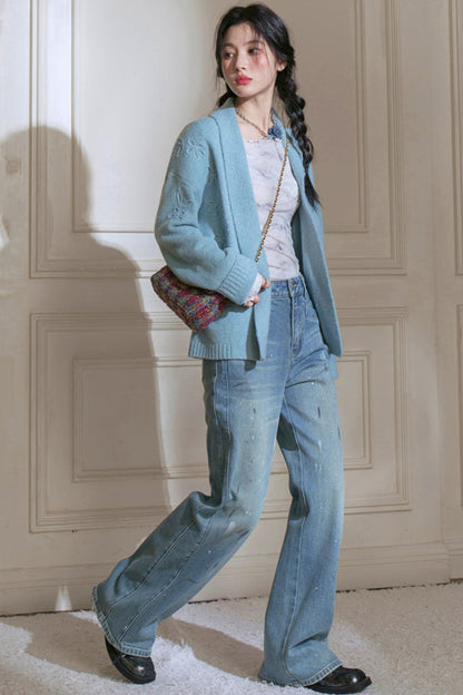 Sky Geometric Straight Jeans