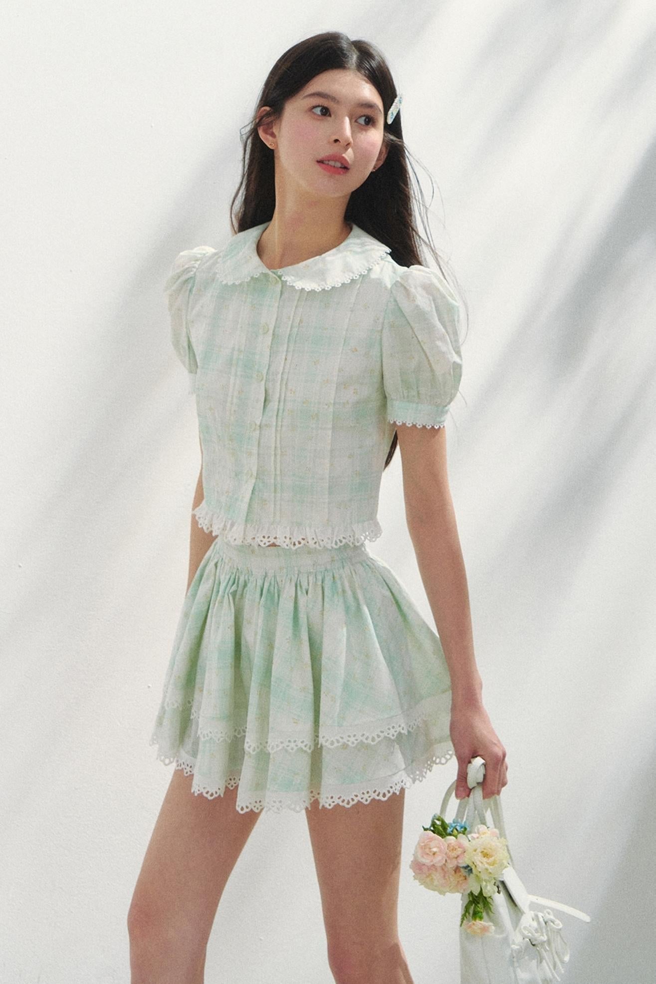Minty Checks Skirt Shirt Set-Up