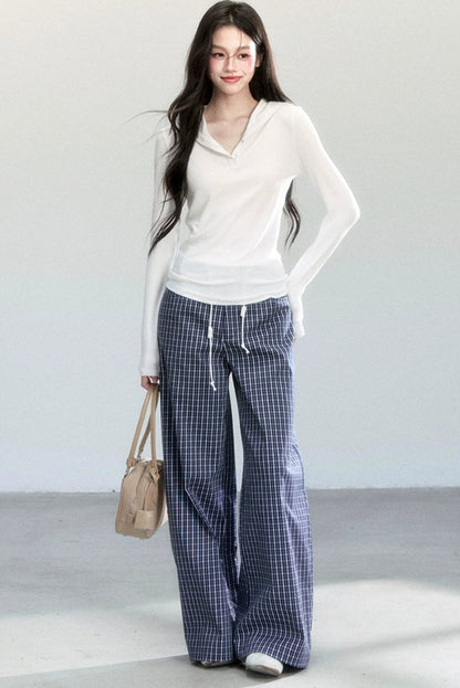 Navy Vine Plaid Wide-Leg Pants