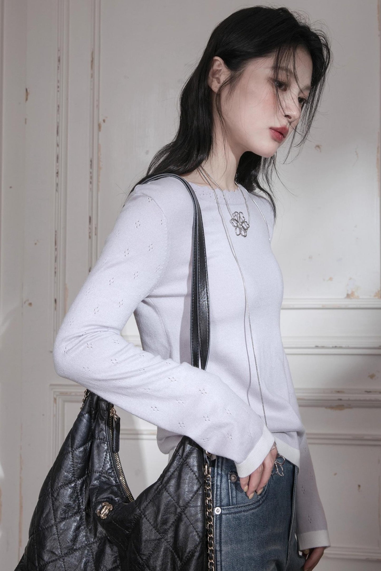 Cream Purple Wool One-Line Collar Top