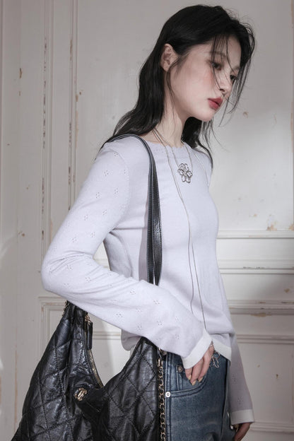 Cream Purple Wool One-Line Collar Top