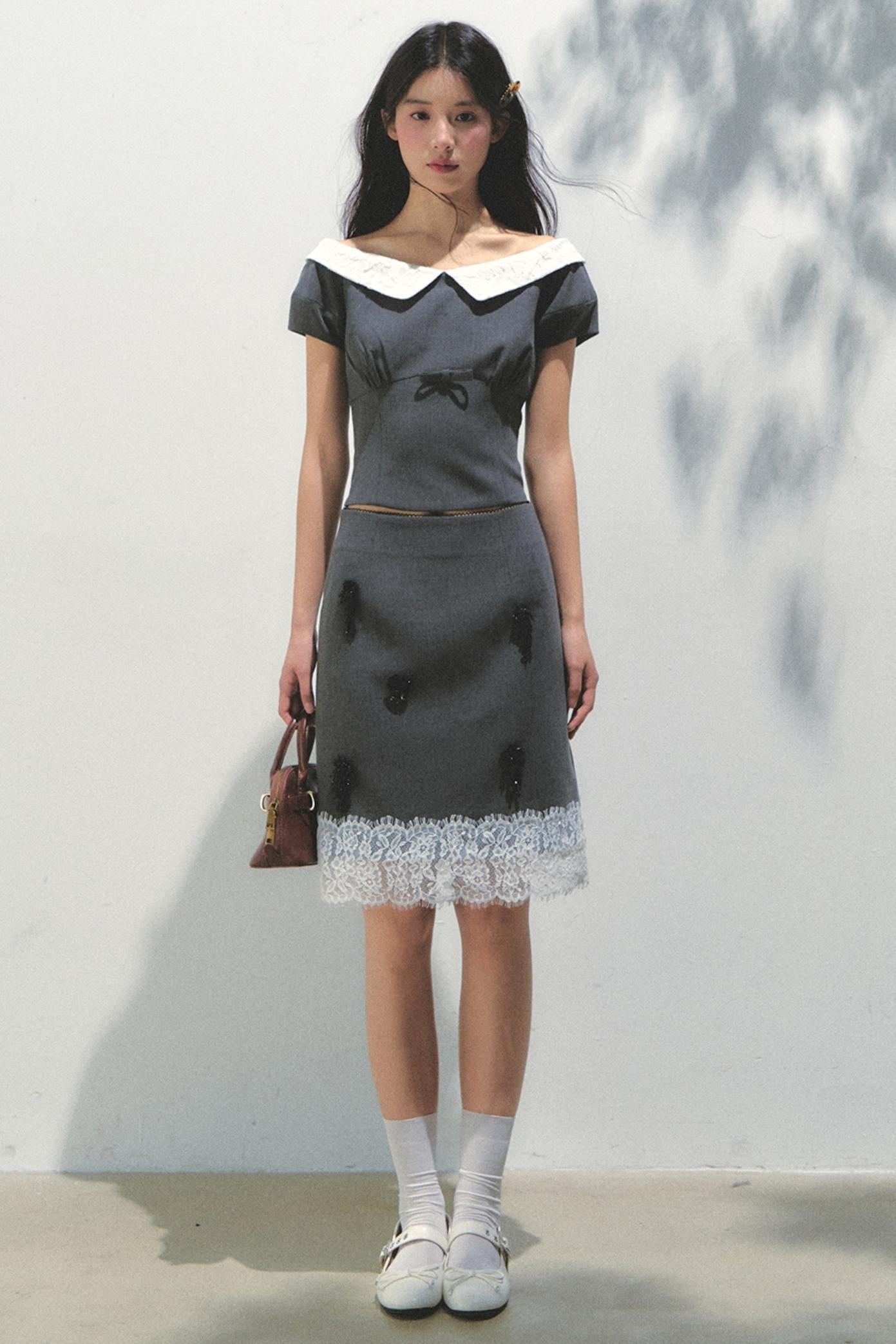 Beaded Princess Sleeve Top Skirt Set-Up