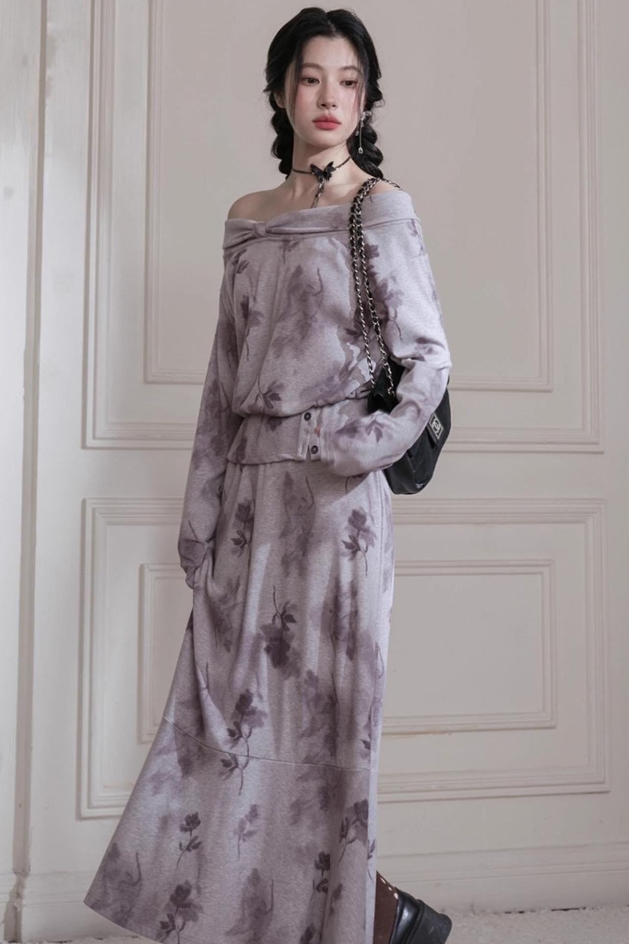 Gray Purple Bow Neck Knit Skirt Set