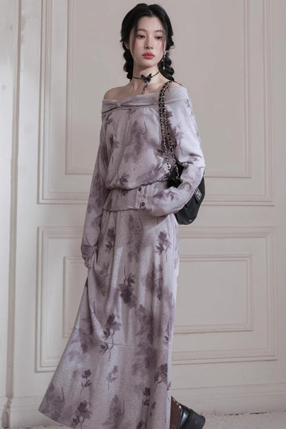 Gray Purple Bow Neck Knit Skirt Set
