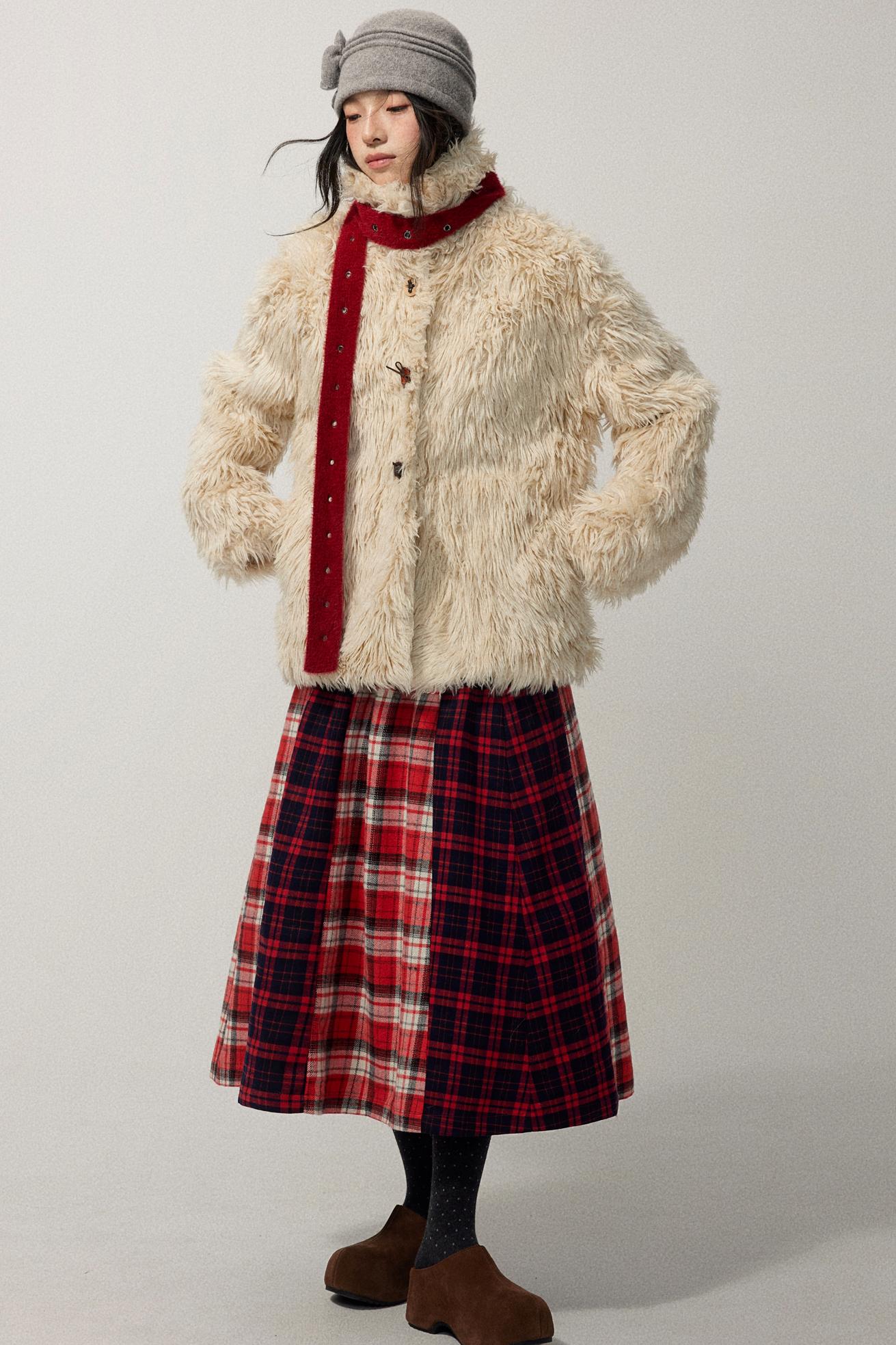 Khaki Wool Fur Collar Slim Coat