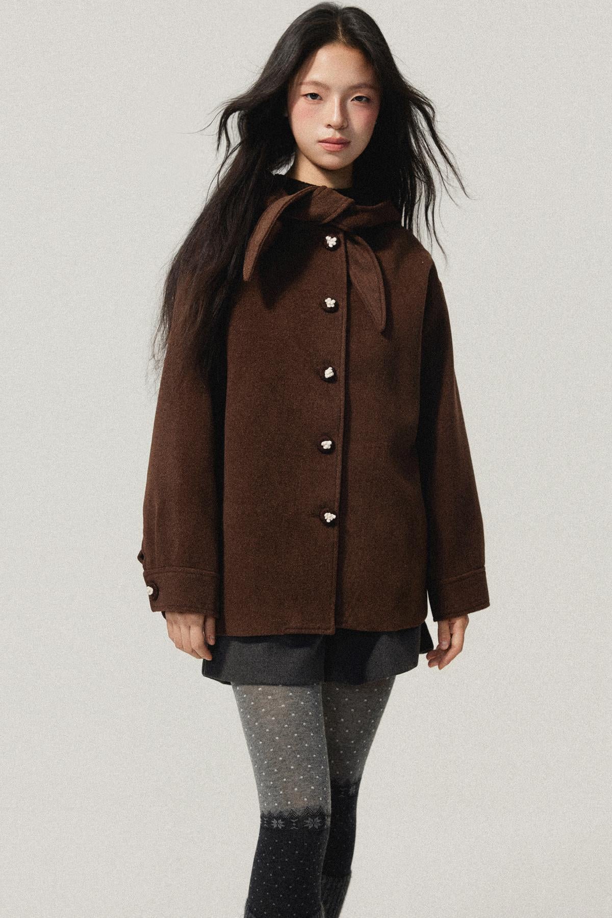 Brown Hooded Bow Tweed Jacket