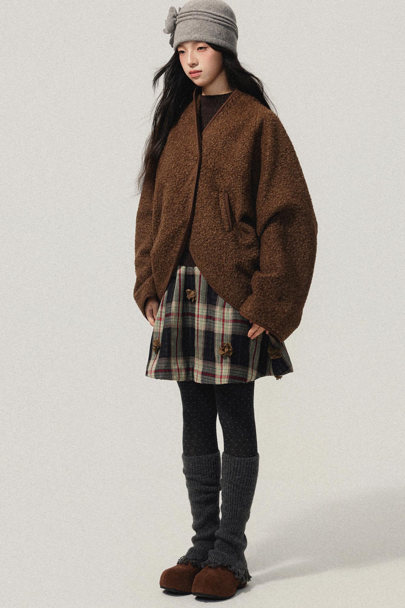 Coffee Red Plaid Cotton Warm Skirt