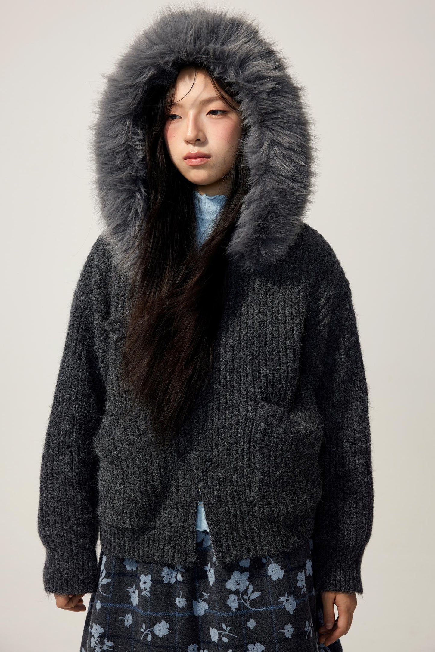 Grey Hooded Floral Zip Up Sweater