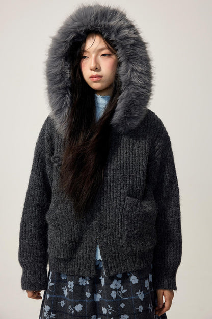 Grey Hooded Floral Zip Up Sweater