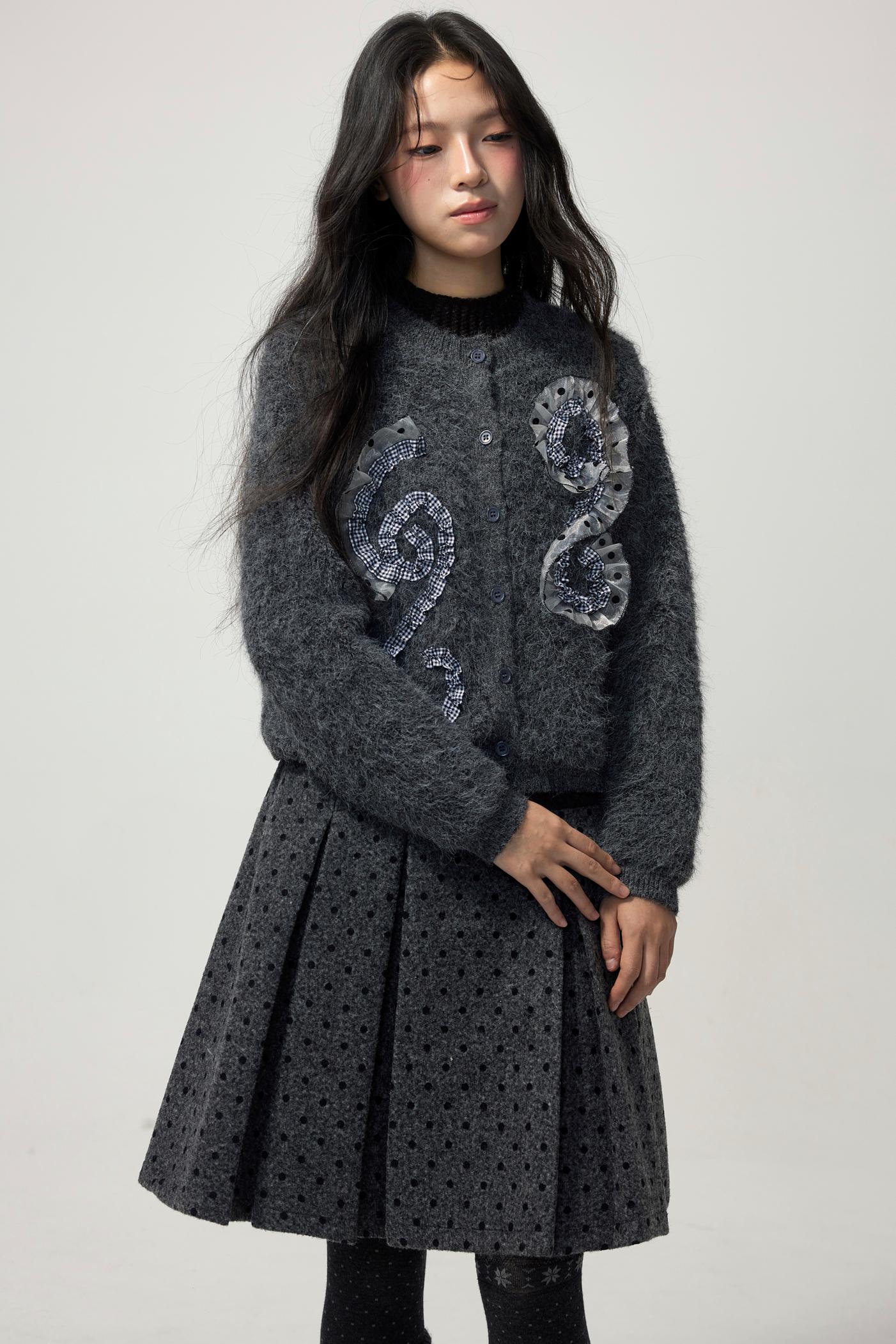 Gray Polka Dot Wool Pleated Skirt