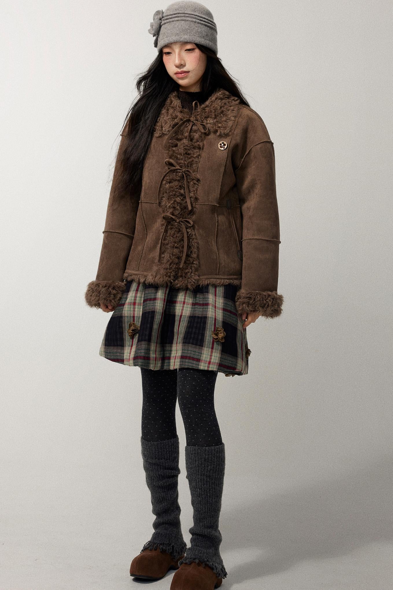 Brown Bow Detail Flower Brooch Coat