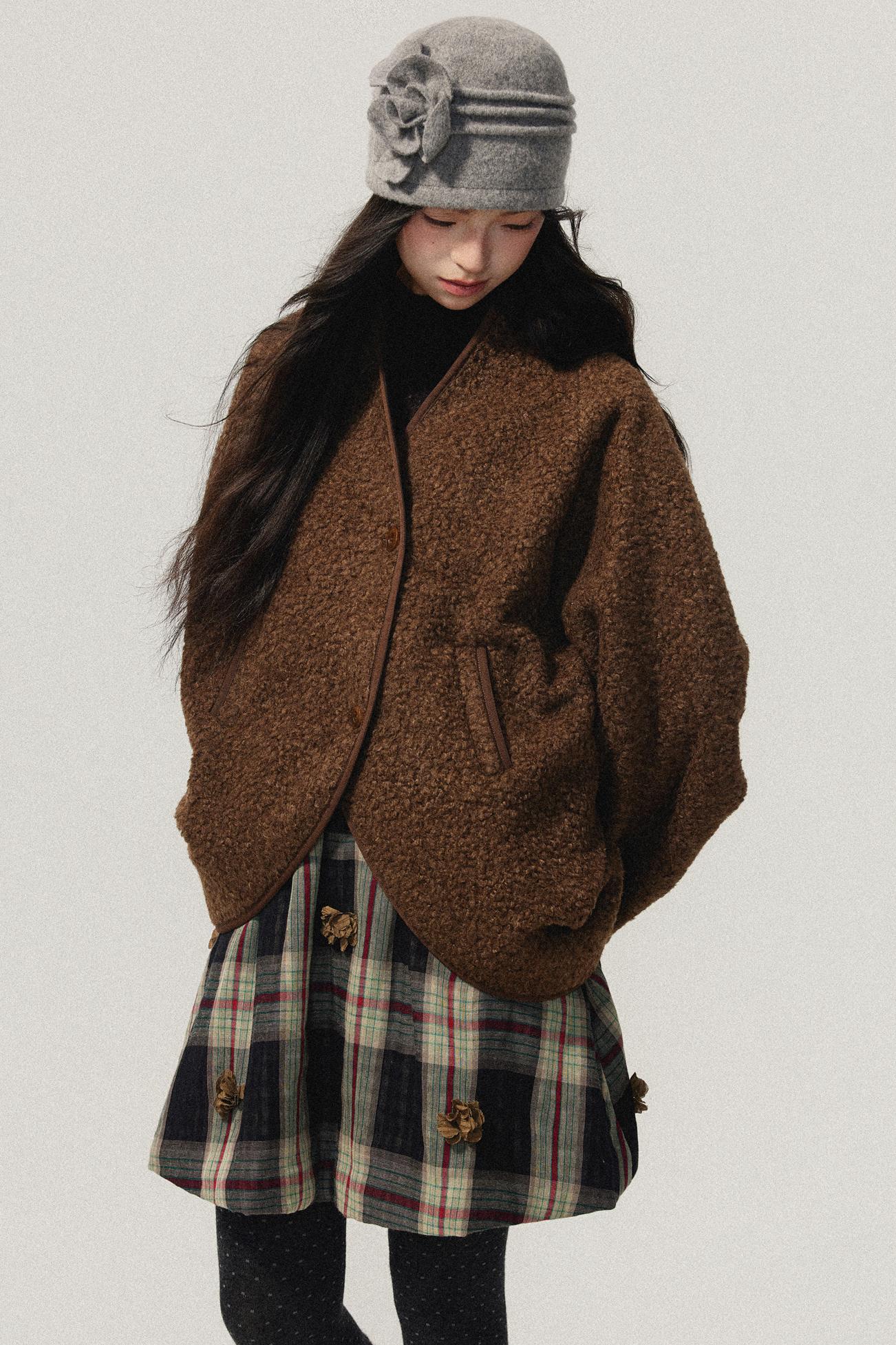 Brown Collarless Lambswool Jacket