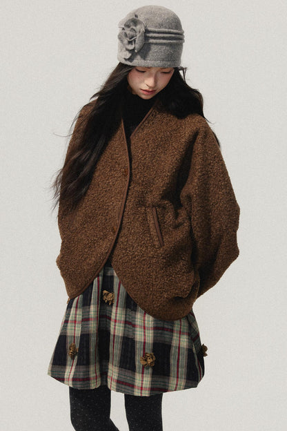 Brown Collarless Lambswool Jacket