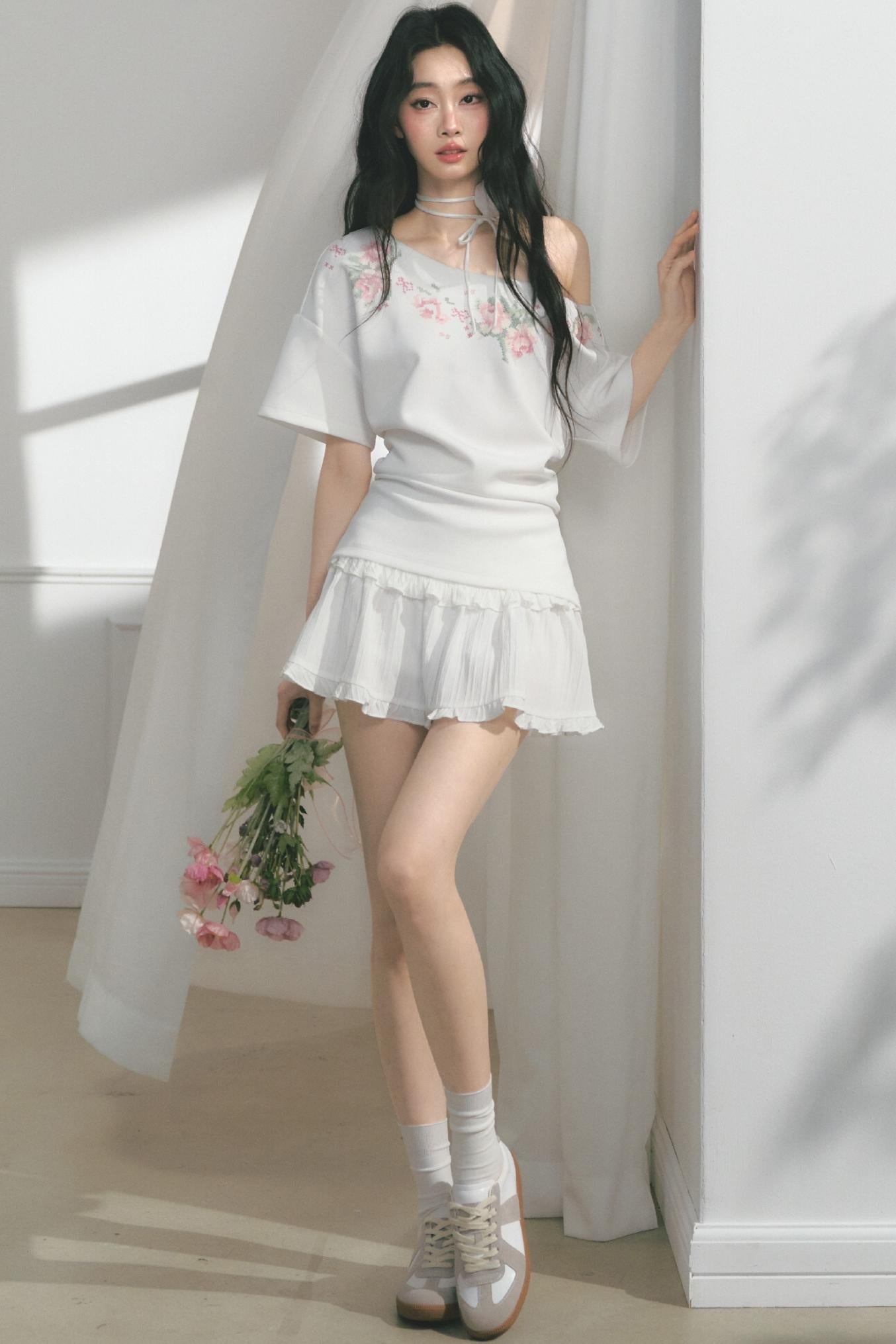 Floral Embroidered Button Top