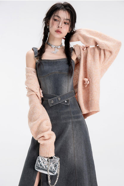 Distressed Wash Denim Strap Dress