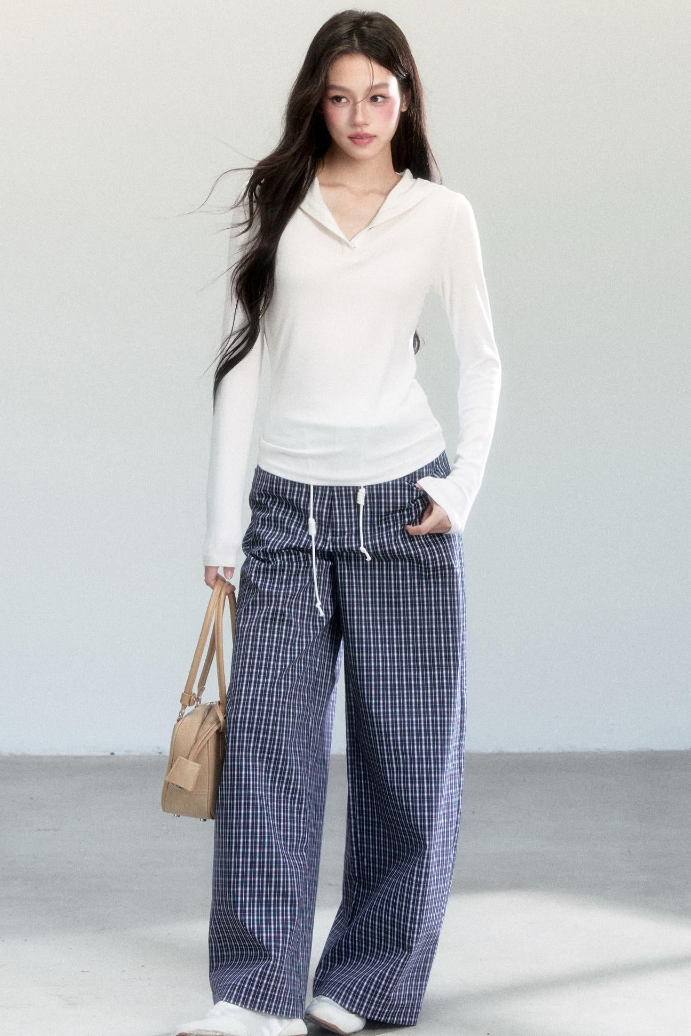 Navy Vine Plaid Wide-Leg Pants