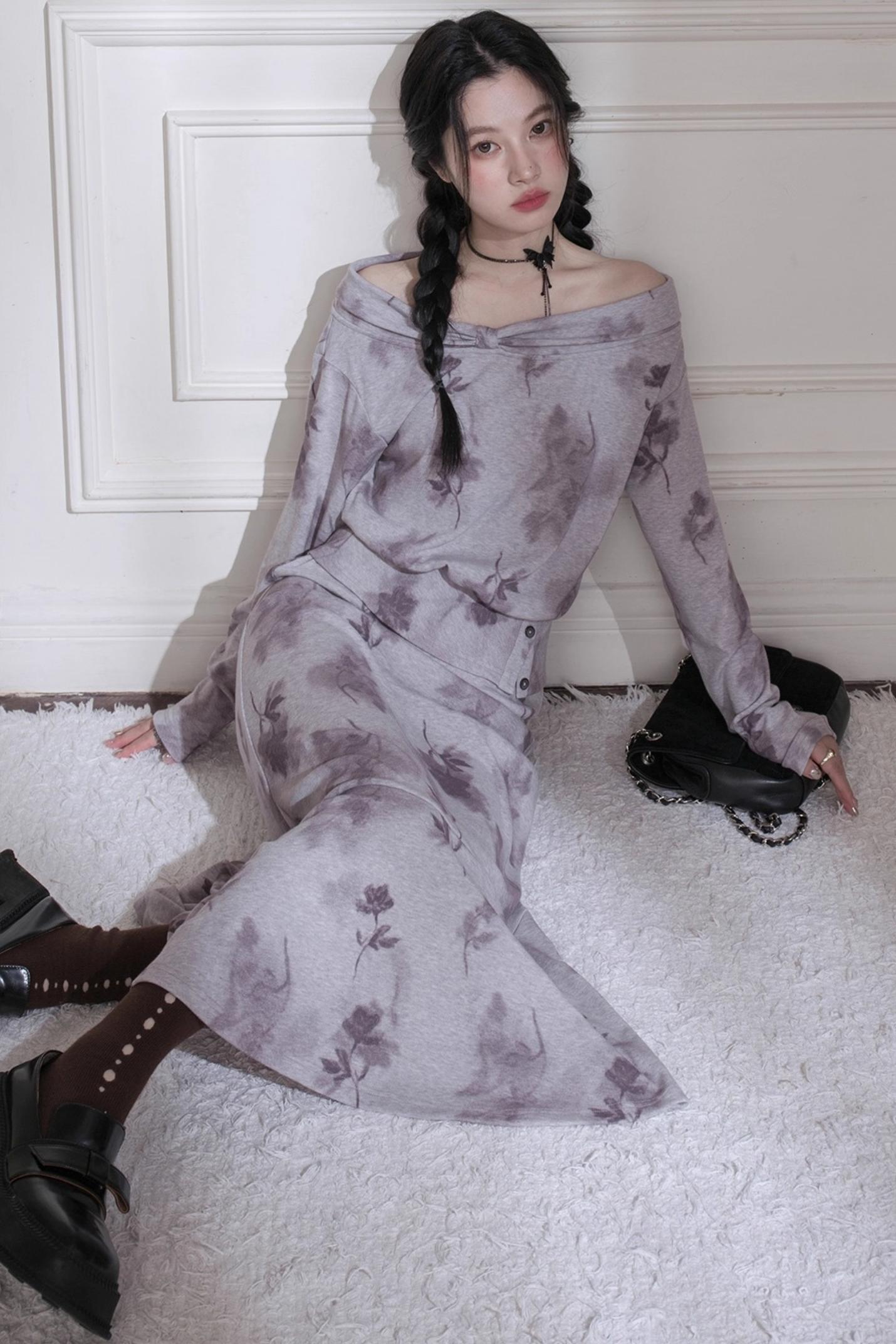 Gray Purple Bow Neck Knit Skirt Set