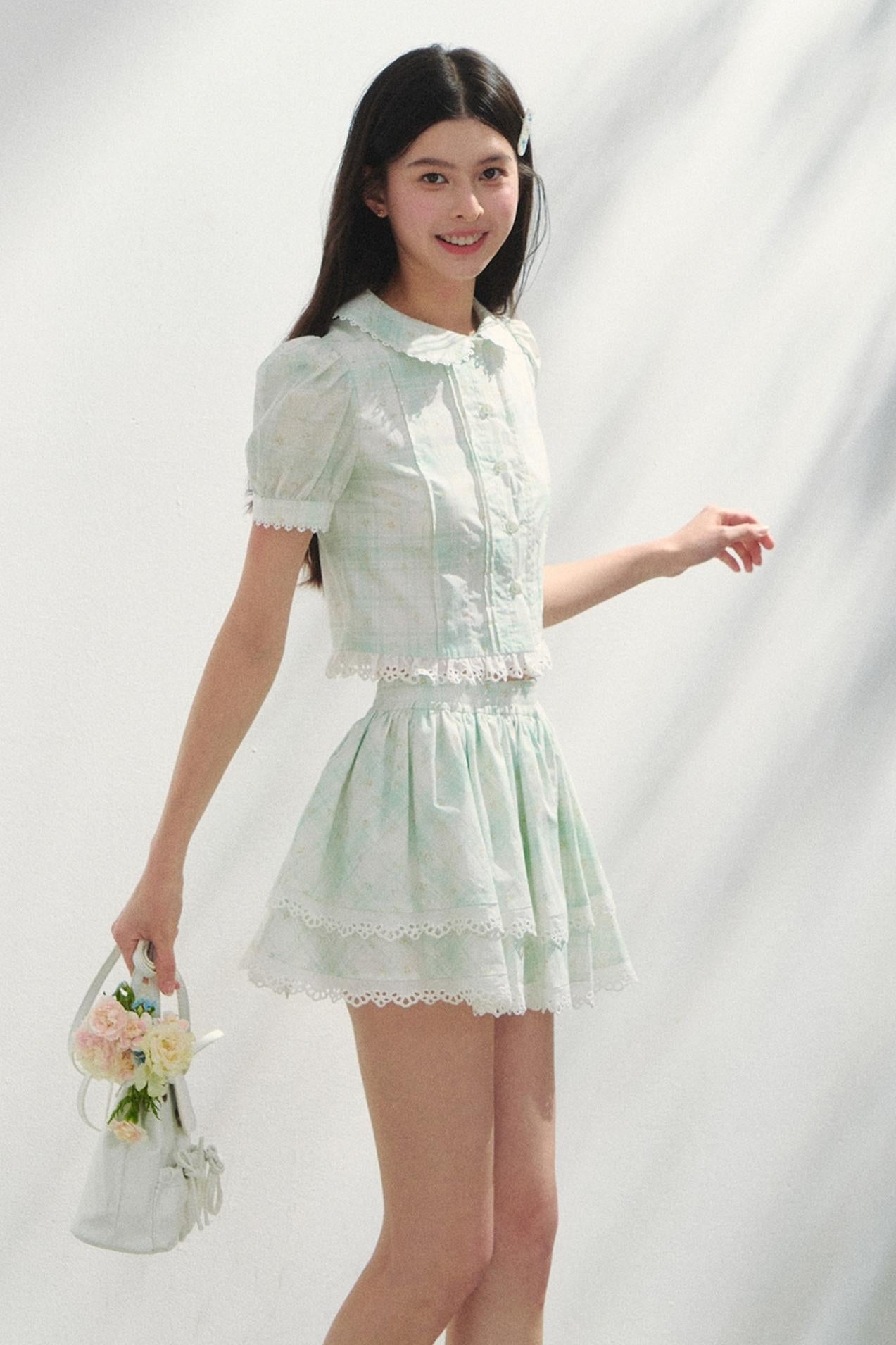 Minty Checks Skirt Shirt Set-Up