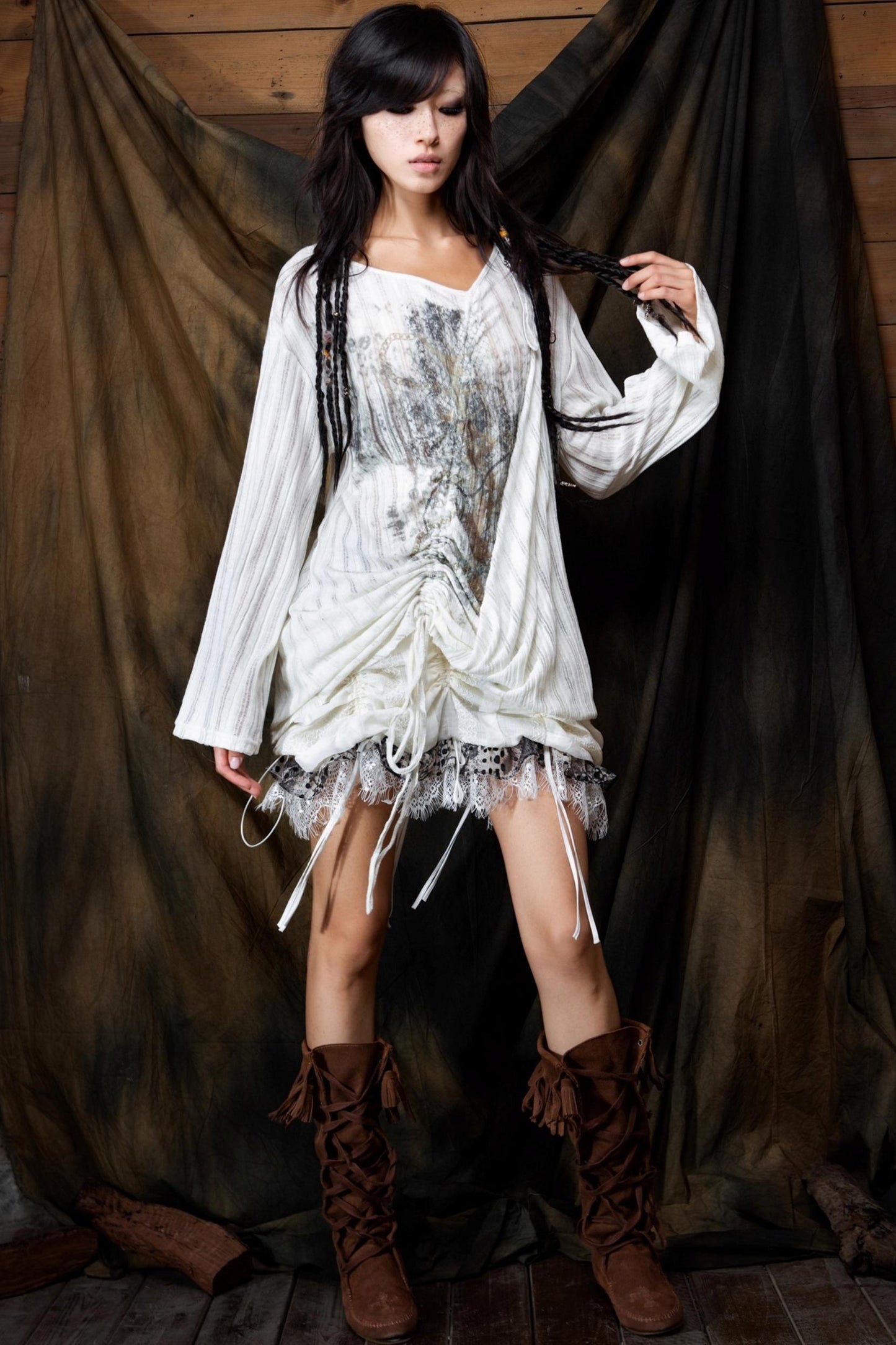 Vintage V-Neck Lace-Up Knitted Print Long Sleeve T-Shirt