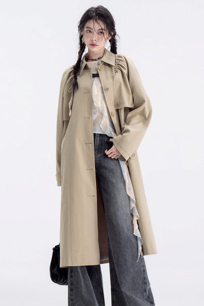 Almond Khaki Drawstring Trench Coat