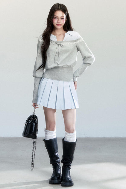 Patchwork Striped Pleated Skirt Set-Up