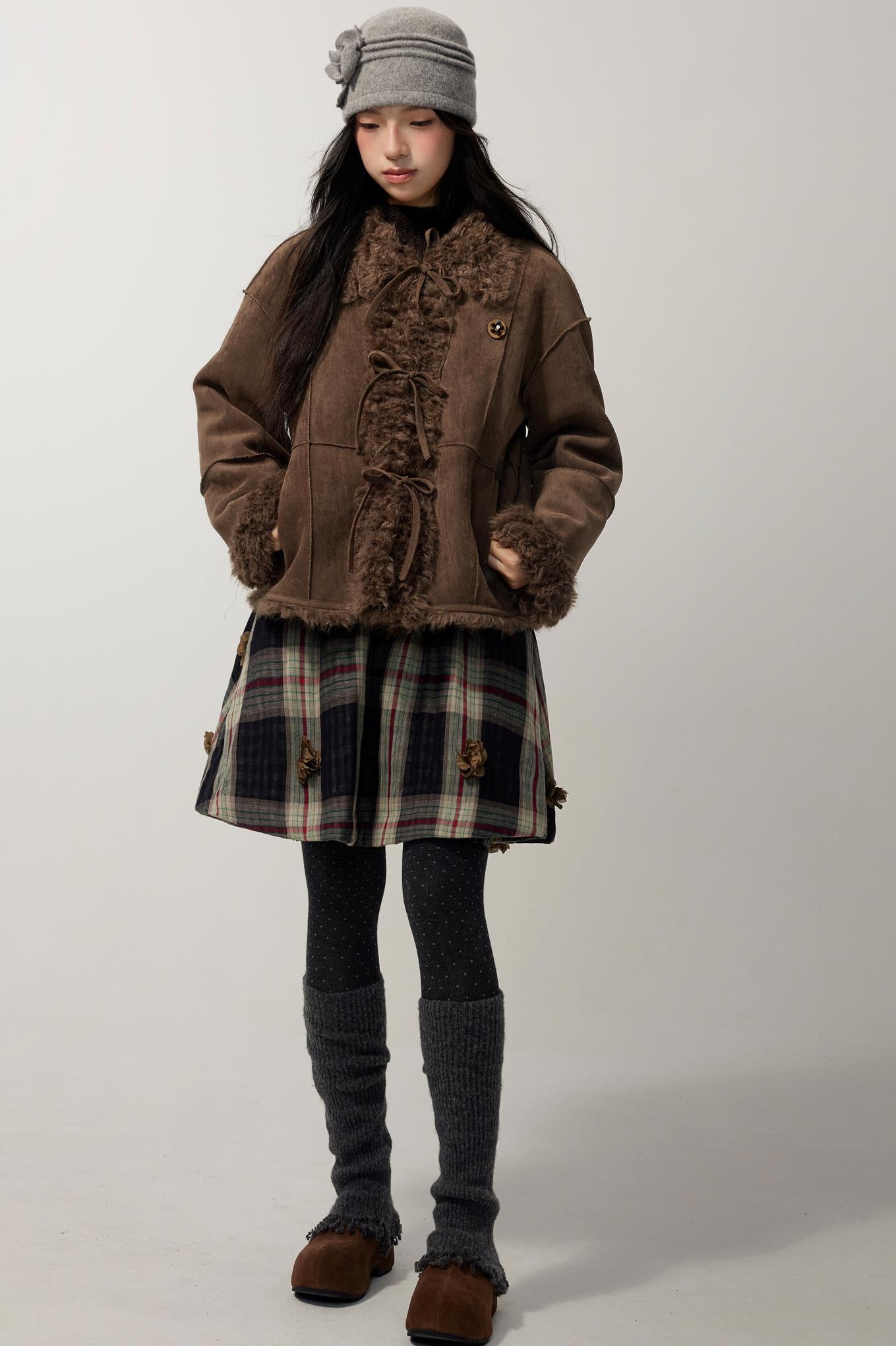 Brown Bow Detail Flower Brooch Coat