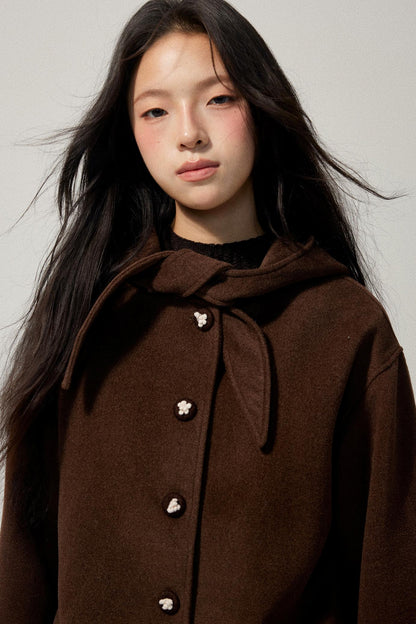 Brown Hooded Bow Tweed Jacket