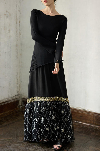 Fall Black Patchwork Mesh Skirt