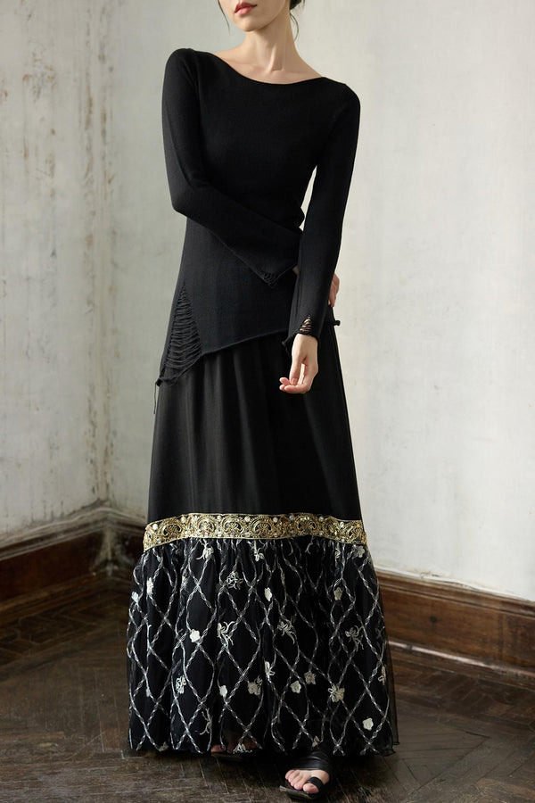 Fall Black Patchwork Mesh Skirt