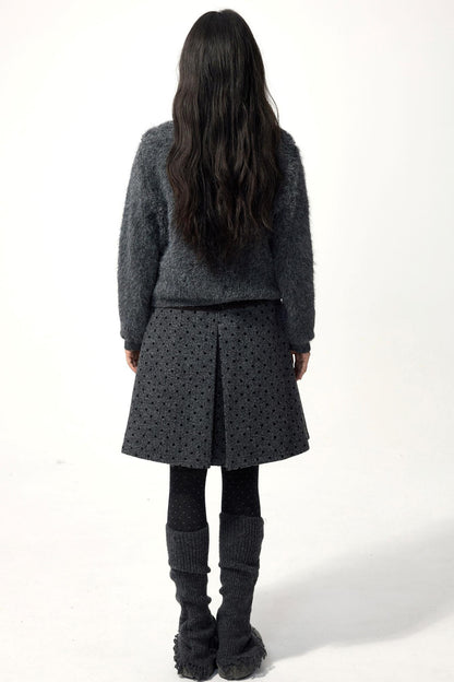 Gray Polka Dot Wool Pleated Skirt