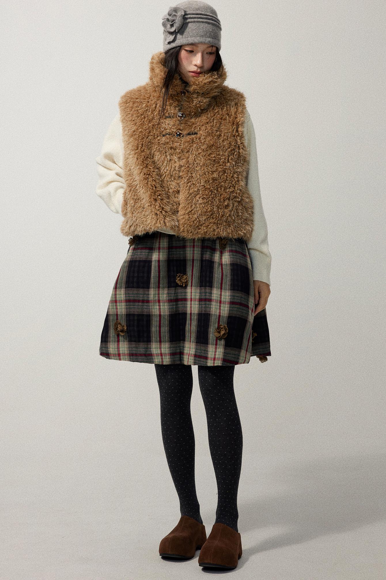 Coffee Red Plaid Cotton Warm Skirt