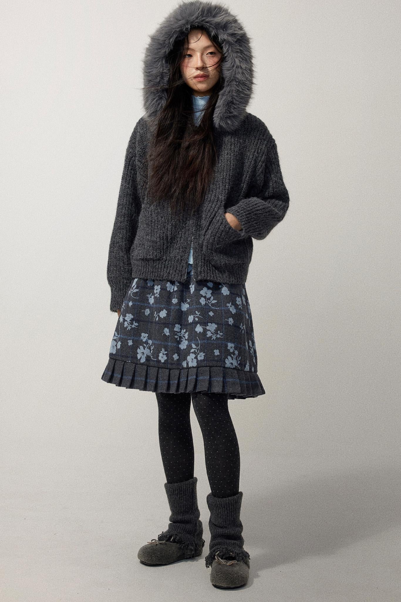 Grey Hooded Floral Zip Up Sweater