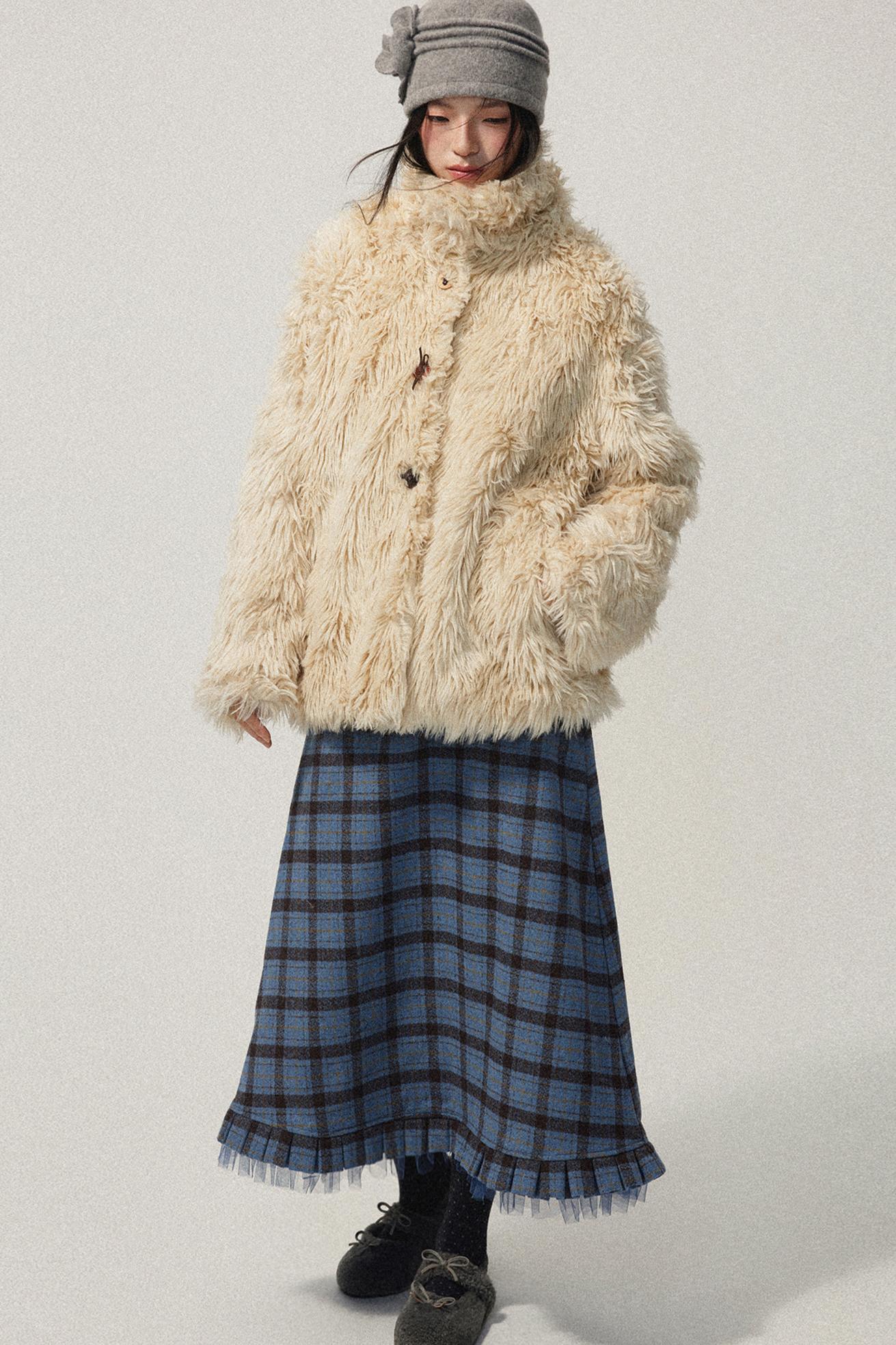 Khaki Wool Fur Collar Slim Coat