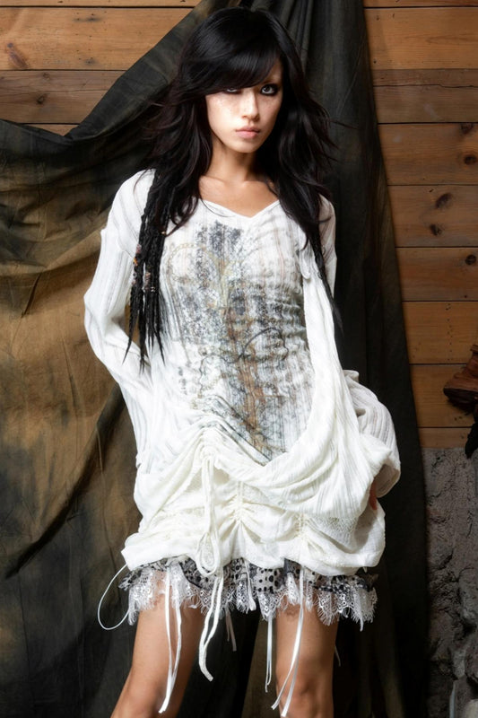 Vintage V-Neck Lace-Up Knitted Print Long Sleeve T-Shirt