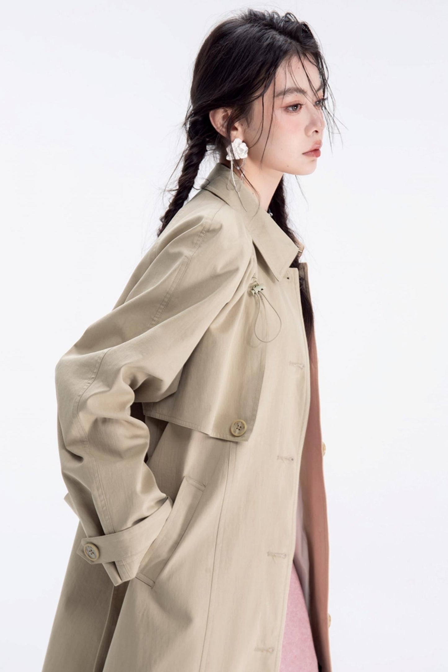 Almond Khaki Drawstring Trench Coat