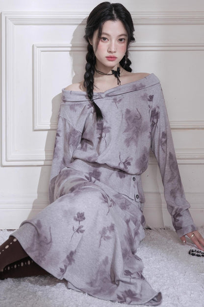 Gray Purple Bow Neck Knit Skirt Set