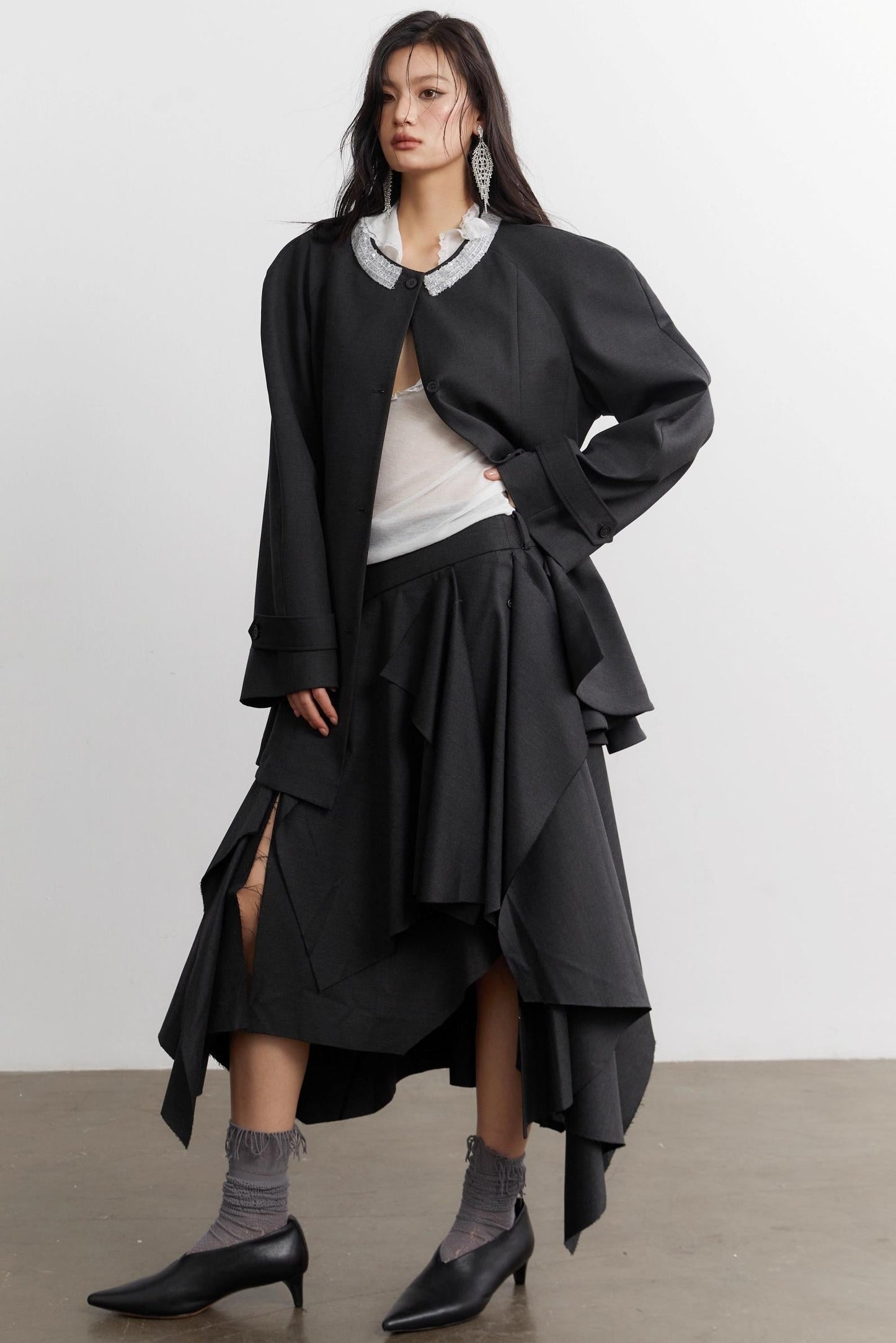 Celebrity Ruffled Gray Blazer