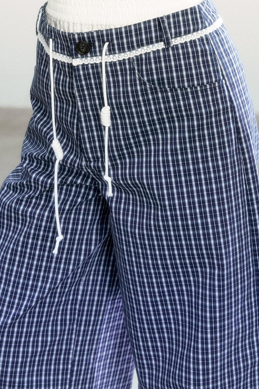 Navy Vine Plaid Wide-Leg Pants