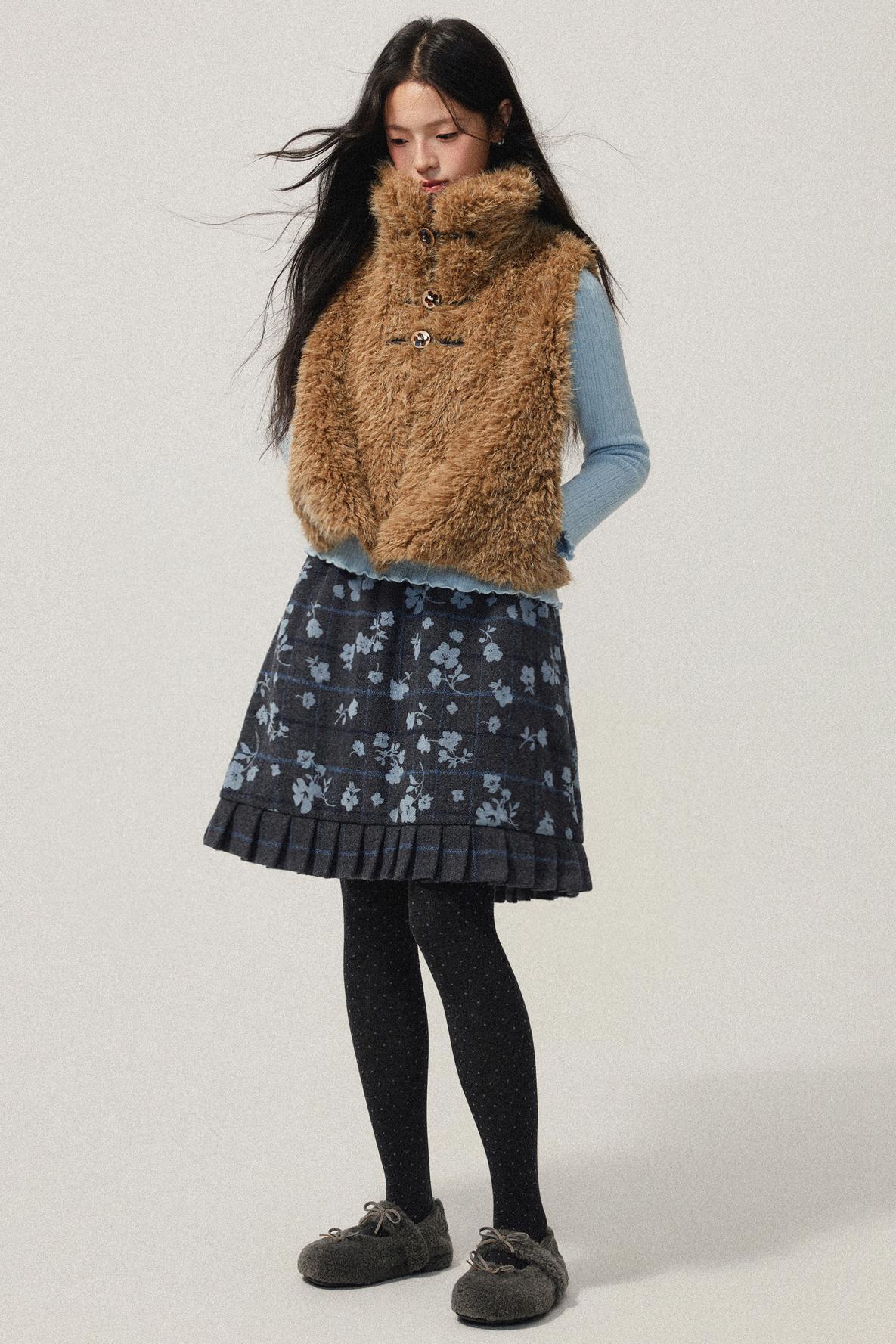 Grey Plaid Flocked Flower Pleated Skirt