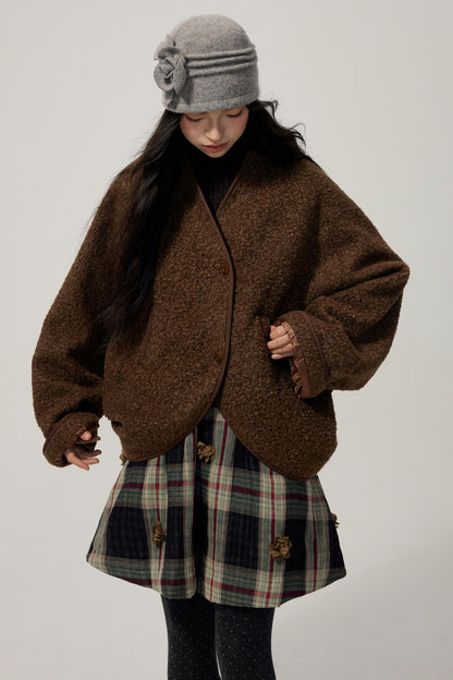 Brown Collarless Lambswool Jacket