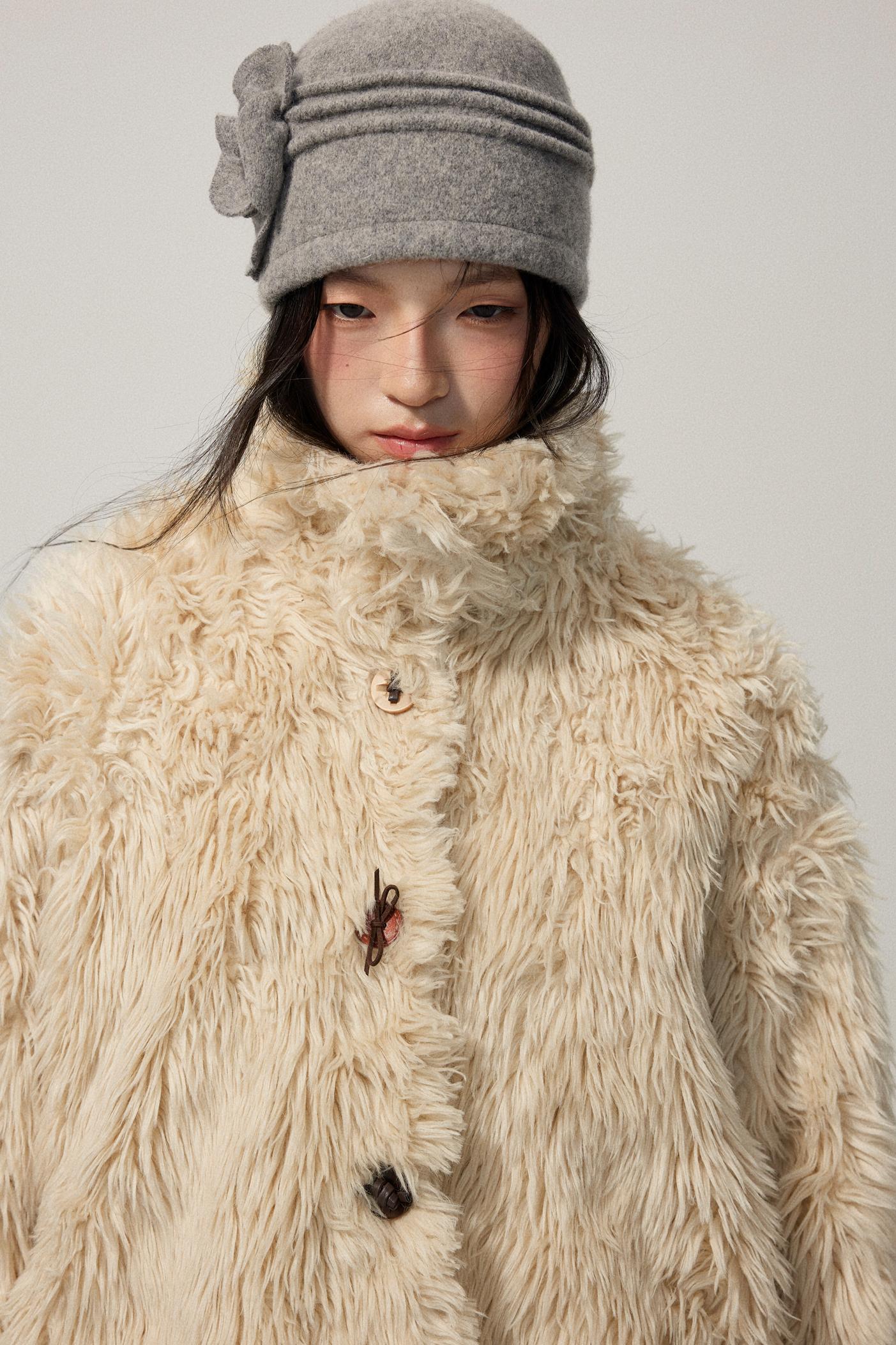 Khaki Wool Fur Collar Slim Coat