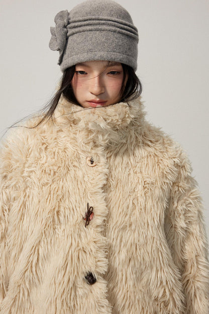 Khaki Wool Fur Collar Slim Coat