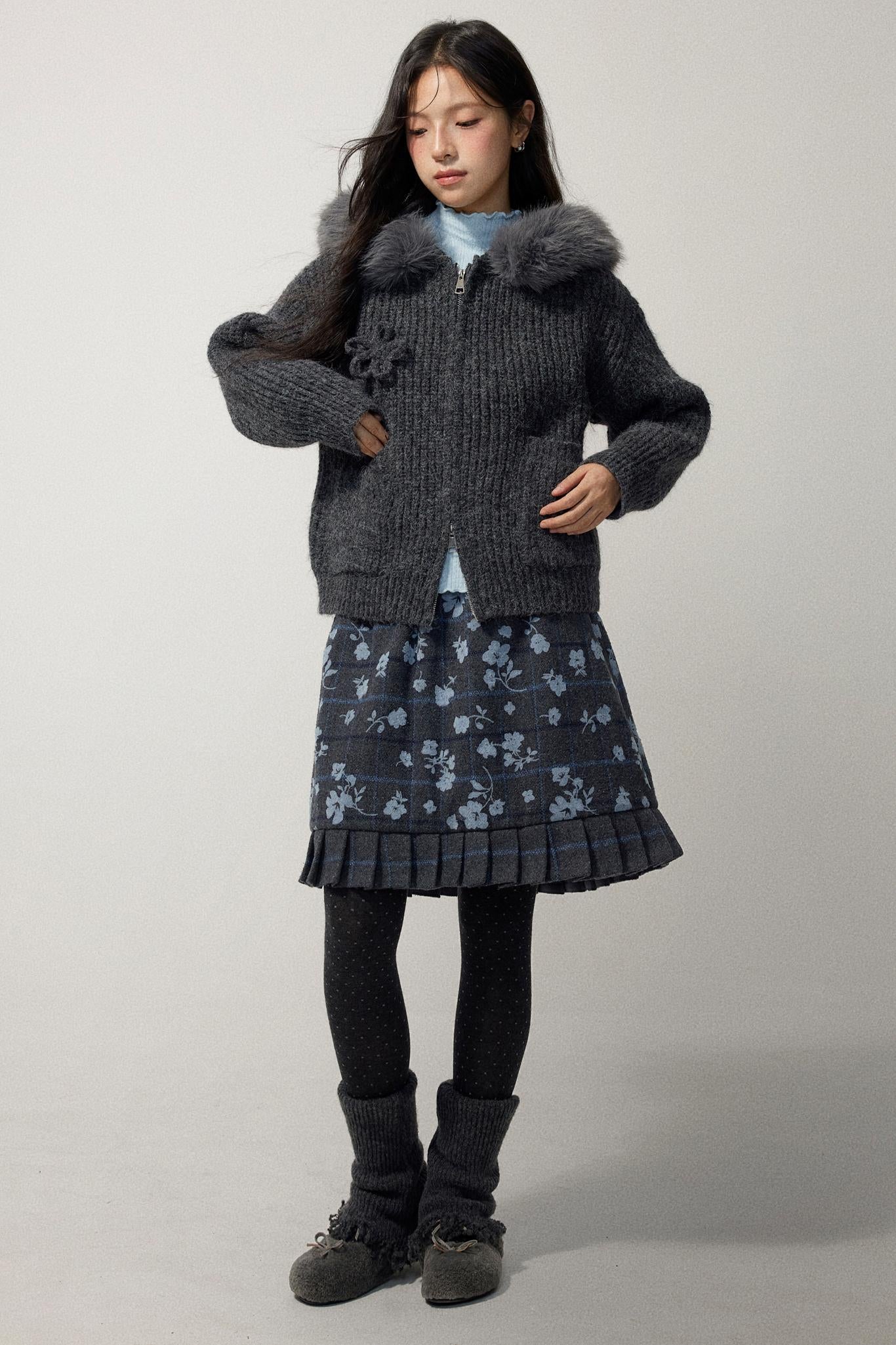 Grey Hooded Floral Zip Up Sweater